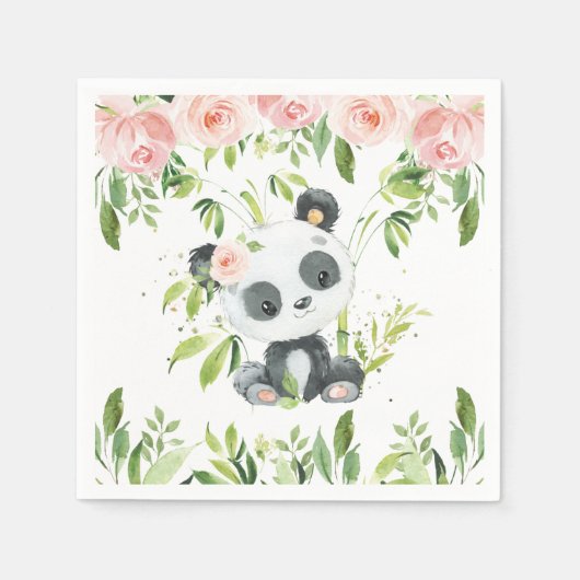 Niedlich Panda Pink Blumengrün Baby Dusche Party Serviette (Vorderseite)