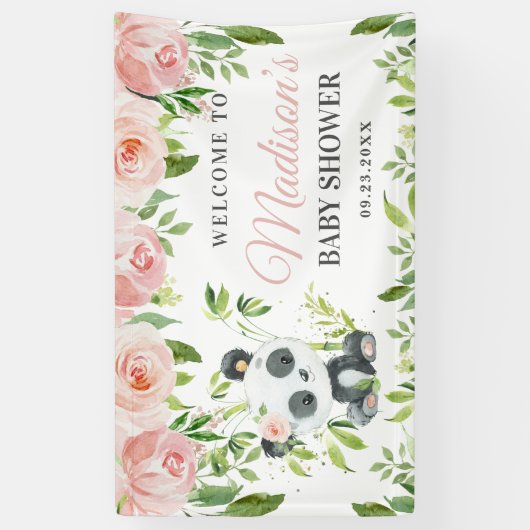 Niedlich Panda Pink Blumengrün Bamboo Hintergrund Banner (Vertikal)