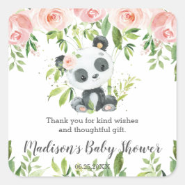 Niedlich Panda Pink Floral Bamboo Babydusche Gebur Quadratischer Aufkleber