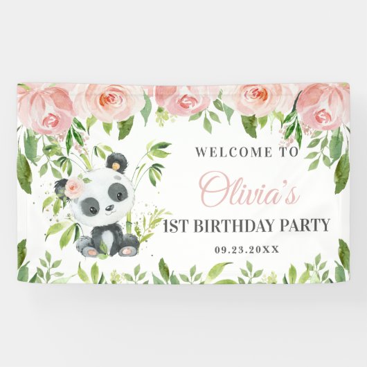 Niedlich Panda Rosa Blumengrün Bambus Hintergrund Banner (Horizontal)