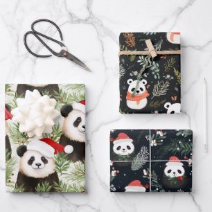 Niedlich Panda Rustikaler Winterurlaub Wasserfarbe Geschenkpapier Set