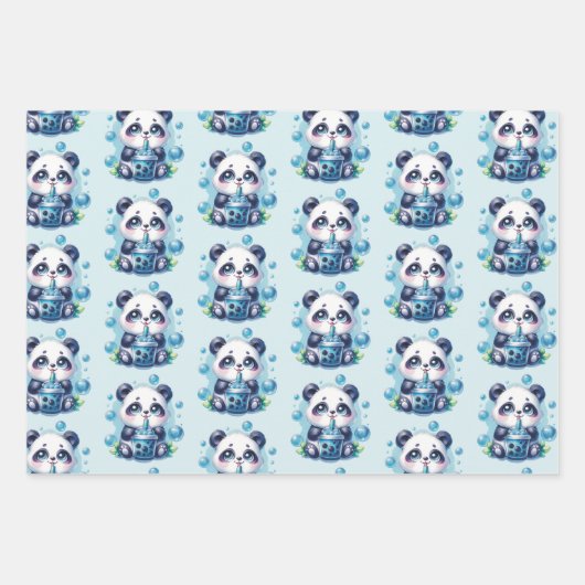 Niedlich Panda und Blue Boba Bubble Tee Geschenkpapier Set (Vorderseite)