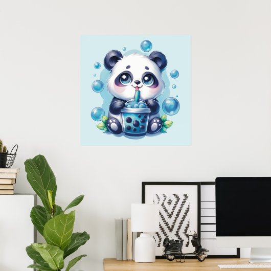 Niedlich Panda und Blue Boba Bubble Tee Poster (Heimbüro)