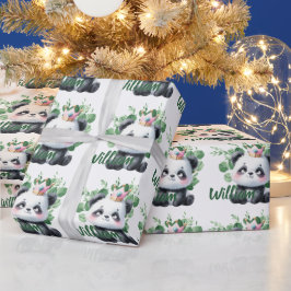 Niedlich Panda Watercolor Grünmuster Geburtstag Geschenkpapier