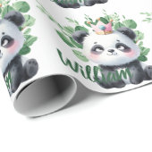 Niedlich Panda Watercolor Grünmuster Geburtstag Geschenkpapier (Rolleneckpunkt)