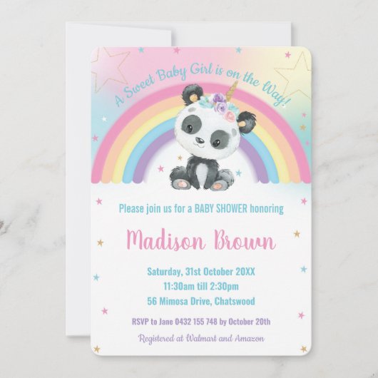 Niedlich Pandacorn Panda Rainbow Baby Dusche Einladung (Vorderseite)