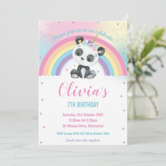 Niedlich Pandacorn Panda Rainbow Birthday Party Einladung (Stehend Vorderseite)