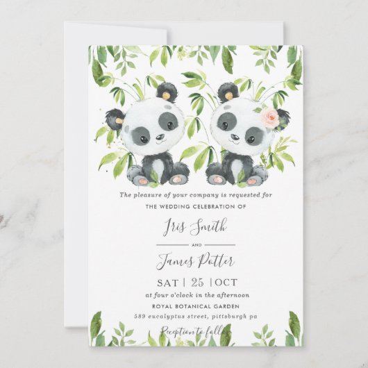 Niedlich Pandas Green Bamboo Greenerity Wedding Einladung (Vorderseite)