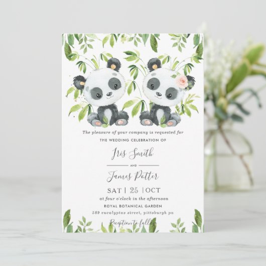 Niedlich Pandas Green Bamboo Greenerity Wedding Einladung (Stehend Vorderseite)