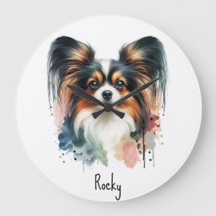 Niedlich Papillon Dog Wasserfarben Art Große Wanduhr