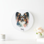 Niedlich Papillon Dog Wasserfarben Art Große Wanduhr (Zuhause)