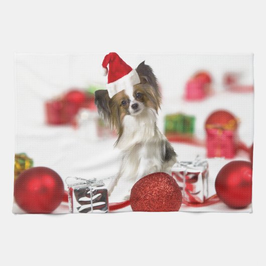Niedlich Papillon Dog Weihnachtsmannmütze Handtuch (Horizontal)