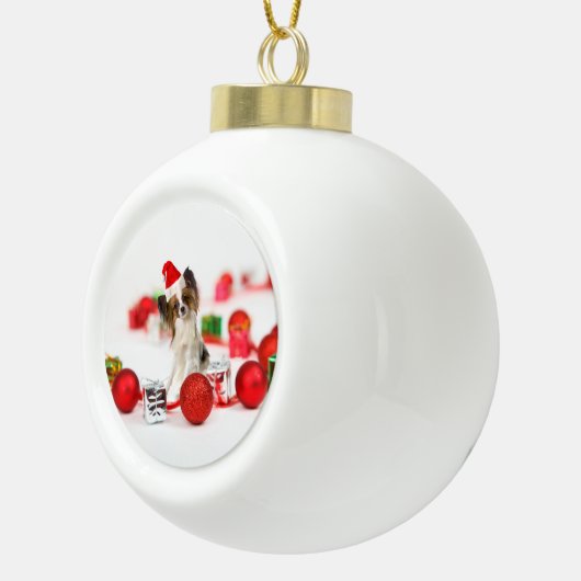 Niedlich Papillon Dog Weihnachtsmannmütze Keramik Kugel-Ornament (Rechts)
