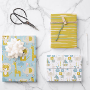 Niedlich Pastel Baby Boy Blue Elephant Stork Giraf Geschenkpapier Set