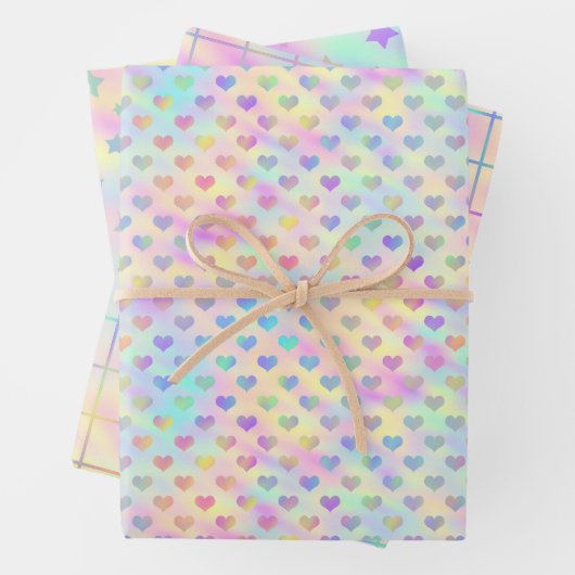 Niedlich, pastel, Holografisches Herz, Stern und P Geschenkpapier Set (Beispiel)