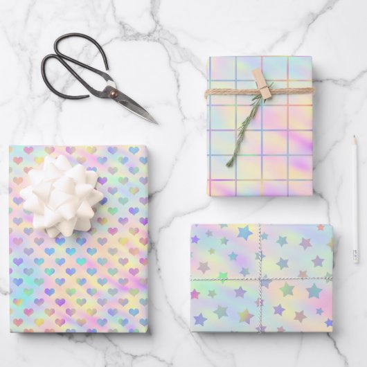 Niedlich, pastel, Holografisches Herz, Stern und P Geschenkpapier Set (Vorderseite)