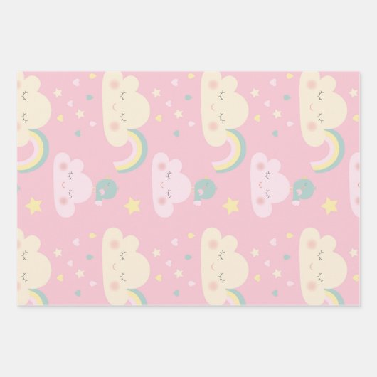 Niedlich Pastel Kawaii Clouds Regenbogenmuster Geschenkpapier Set (Vorderseite)