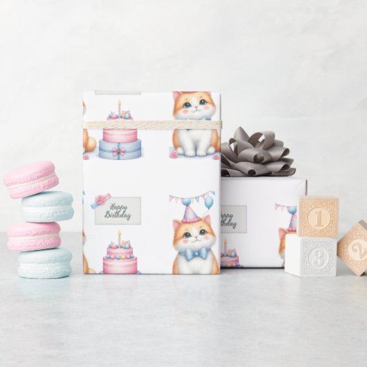Niedlich Pastel Kitten Geburtstagskuchen - Geburts Geschenkpapier (Babyparty)