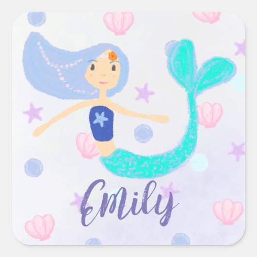 Niedlich Pastel Periwinkle Mermaid Princess Seashe Quadratischer Aufkleber (Vorderseite)