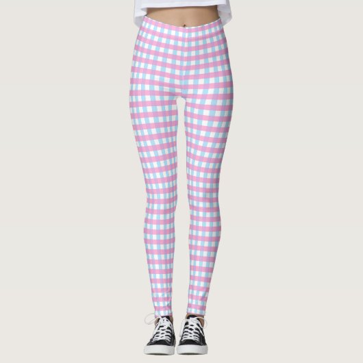 Niedlich Pastel Pink Blue Gingham Karo Leggings (Vorderseite)