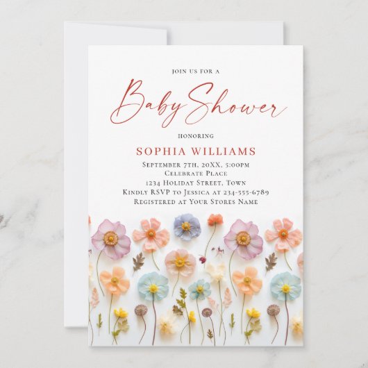 Niedlich Pastel Pink Boho Wild Blume Kinderdusche Einladung (Vorderseite)