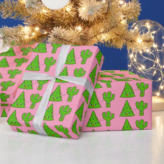 Niedlich Pastel Pink Xmas Tree Cactus Funny Christ Geschenkpapier (Feiertage)
