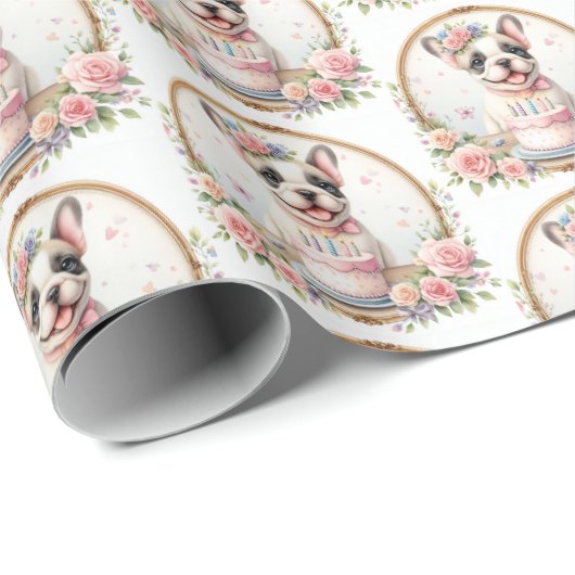 Niedlich Pastel Puppy French Bulldog - Geburtstag Geschenkpapier (Rolleneckpunkt)