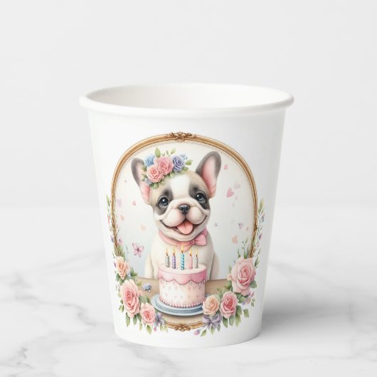 Niedlich Pastel Puppy French Bulldog - Geburtstag Pappbecher (Vorderseite)