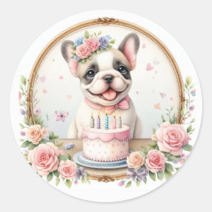 Niedlich Pastel Puppy French Bulldog - Geburtstag Runder Aufkleber