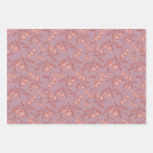 Niedlich Pastell Pink & Lilac Girly Cherries & Bow Geschenkpapier Set (Vorderseite)