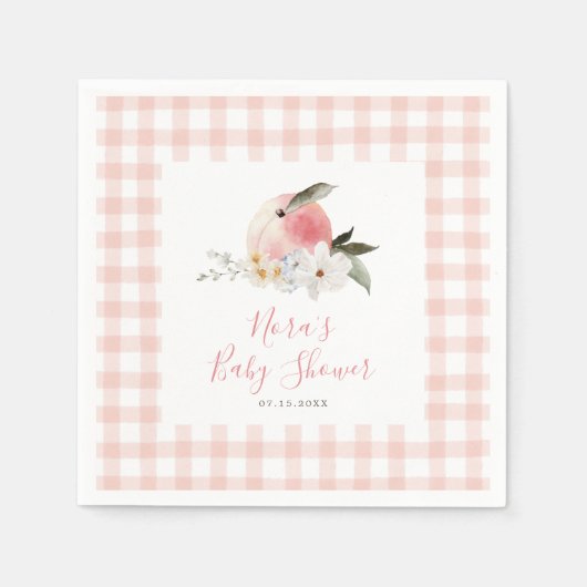 Niedlich Peach Gingham Frame Baby Dusche Serviette (Vorderseite)