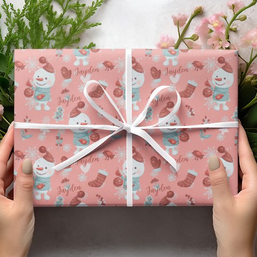 Niedlich Peach Snowman Cartoon Girl Individuelle N Geschenkpapier