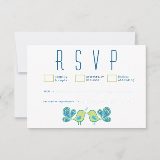 Niedlich Peacock Love Birds Wedding RSVP Cards (Vorderseite)