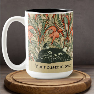 Niedlich Peeking Cat Art Nouveau Blumengrün Name Zweifarbige Tasse