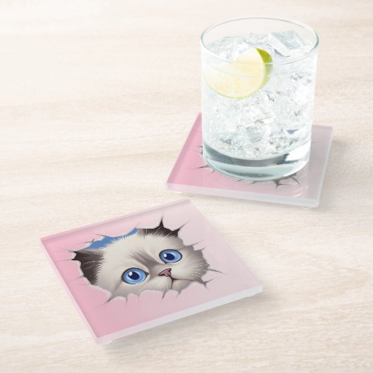 Niedlich Peeking Ragdoll Cat Glasuntersetzer (Schrägansicht)
