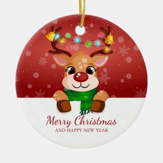 Niedlich Peeking Reindeer Weihnachtsgrüßen Keramik Ornament (Vorne)