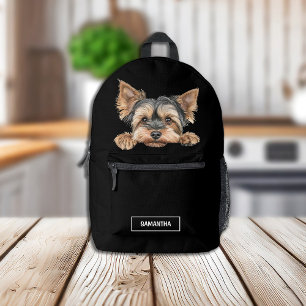 Niedlich Peeking Yorkie auf schwarz mit Namen Bedruckter Rucksack