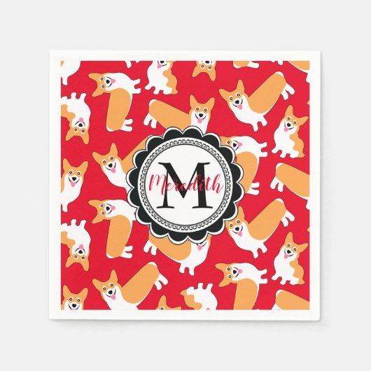 Niedlich Pembroke Welsh Corgi Monogram Red Serviette (Vorderseite)