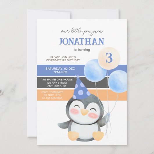 Niedlich Penguin Balloon Boy Geburtstag Einladung (Vorderseite)