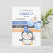 Niedlich Penguin Balloon Boy Geburtstag Einladung (Stehend Vorderseite)