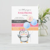 Niedlich Penguin Balloon Girl Geburtstag Einladung (Stehend Vorderseite)