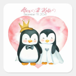 Niedlich Penguin Couple | Romantische Hochzeit Quadratischer Aufkleber