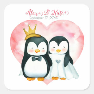 Niedlich Penguin Couple   Romantische Hochzeit Quadratischer Aufkleber