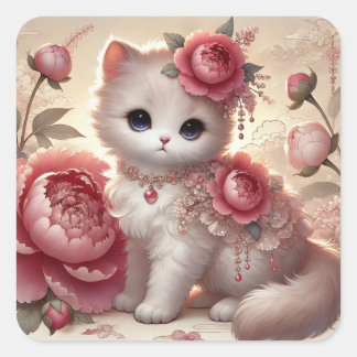 Niedlich Peony Princess Cat Quadratischer Aufkleber