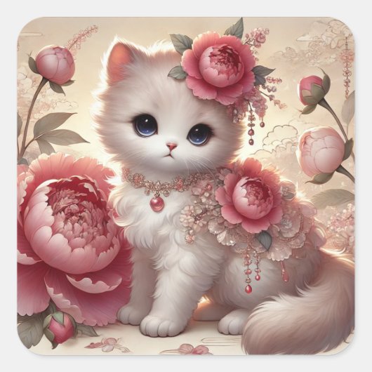 Niedlich Peony Princess Cat Quadratischer Aufkleber (Vorderseite)