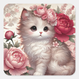 Niedlich Peony Princess Cat Quadratischer Aufkleber
