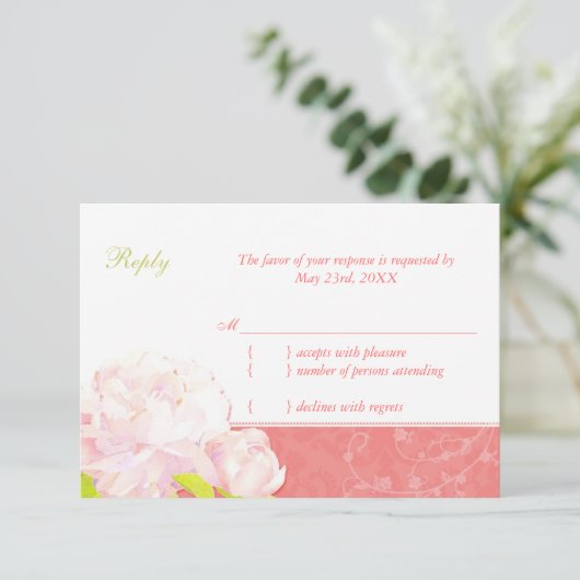 Niedlich Peony Spring Coral Wedding RSVP (Stehend Vorderseite)