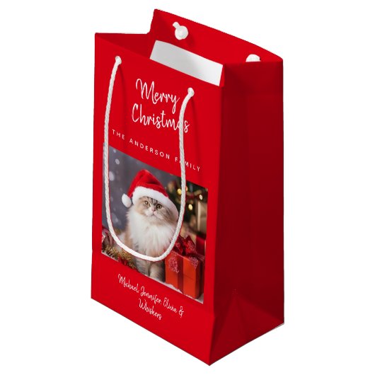 Niedlich Personalisiert Frohe Weihnachtskatzenjaus Kleine Geschenktüte (Vorderseite Schrägansicht)