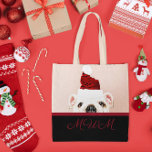 Niedlich Personalize Santa Dog Christmas Monogram  Tasche<br><div class="desc">Ein größtenteils weißer Bullenhund, der eine rote Weihnachtsmannmütze trägt, flüchtige Blick neugierig aus, nur seine Nase, Augen und Weihnachtsmannmütze über einem roten Band. Unter der Grenze ist ein schwarzer Raum. Eine Seite des Designs zeigt "Frohe Weihnachten" in einem roten Skript-Schriftart, während die zweite Seite mit dem Monogramm in der gleichen...</div>