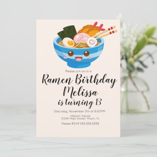 Niedlich Pho Oriental Ramen Birthday Dinner Blue Einladung (Stehend Vorderseite)